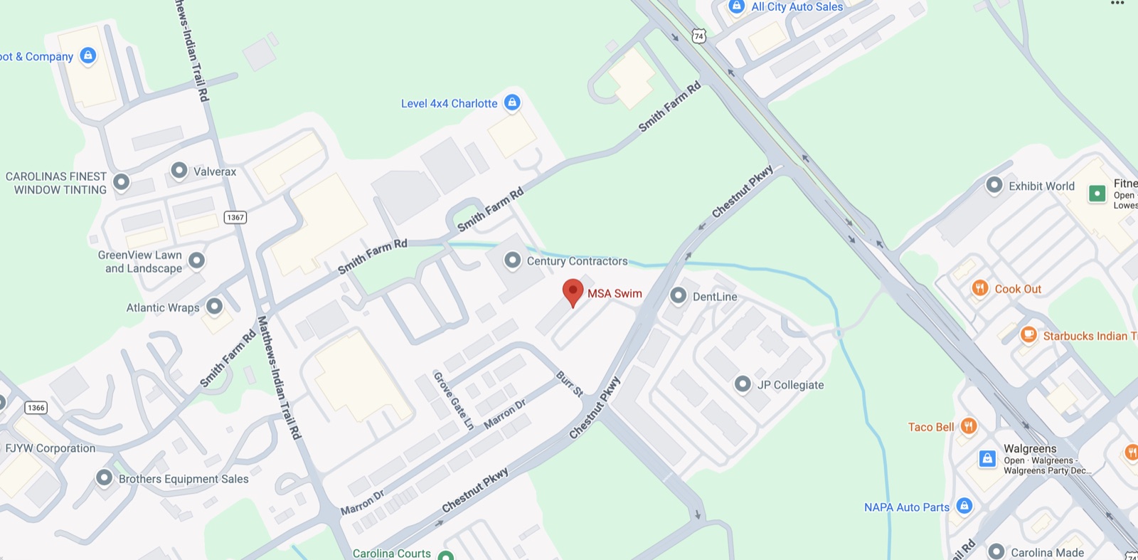 Map showing MSA Swim Indian Trail, 309 Chestnut Parkway, Indian Trail, NC 28079